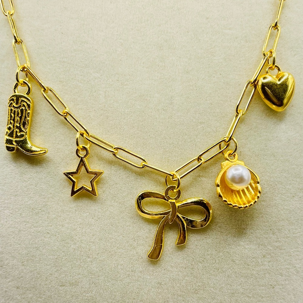 C link chain charm necklace with Bowknot, western boot, heart, star, & seashell